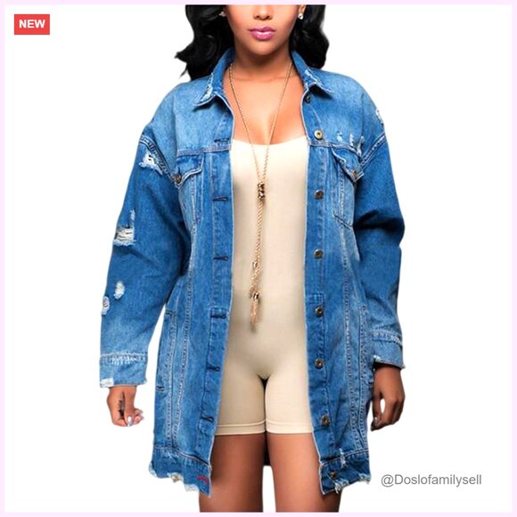 Distressed Denim Jacket Ripped Fringe Details Oversized Fit Button Front